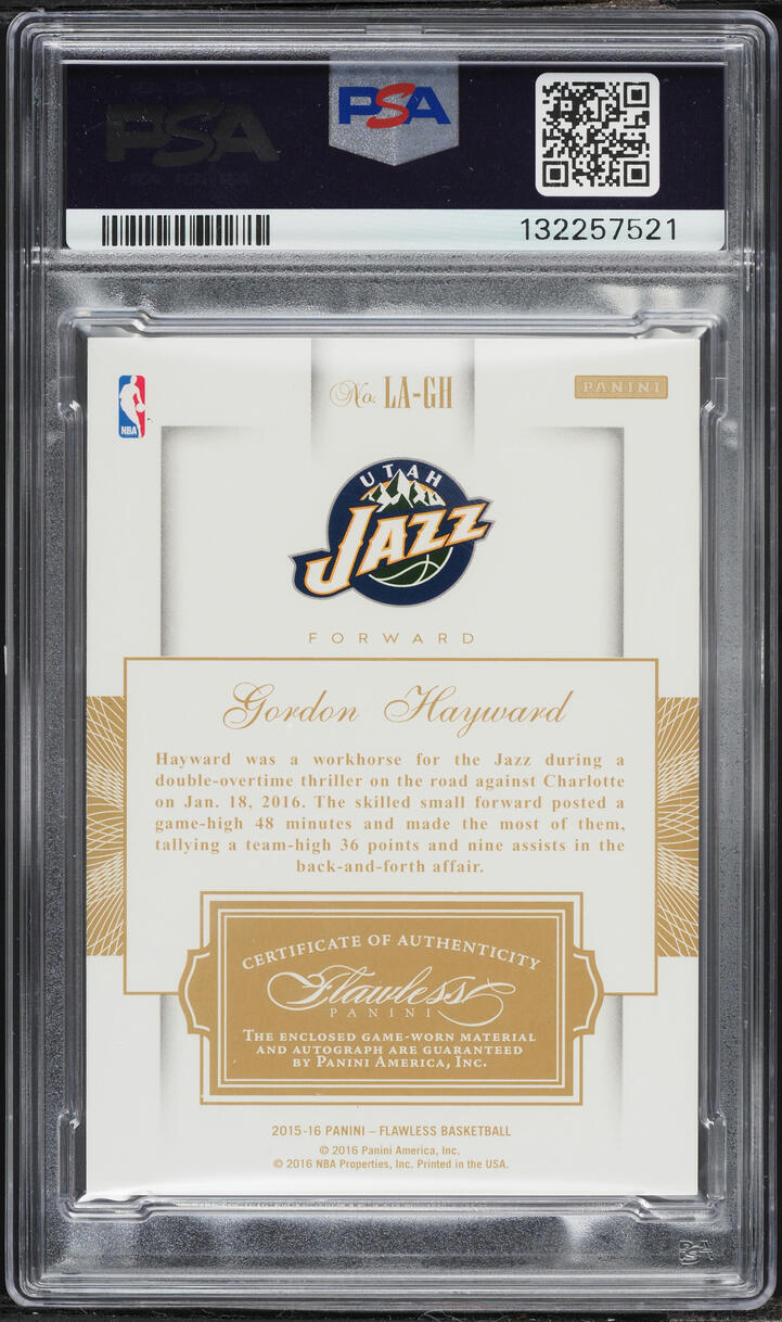 2015 Panini Flawless Gordon Hayward NBA LOGOMAN PATCH AUTO DNA 10 1/1 #LA-GH PSA 10 GEM MINT