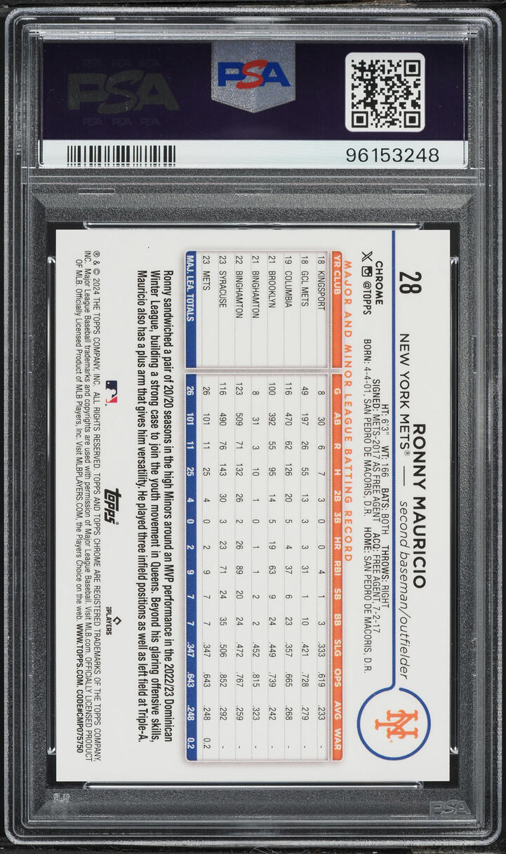 2024 Topps Chrome Orange Speckle Ronny Mauricio ROOKIE /25 #28 PSA 10 GEM MINT