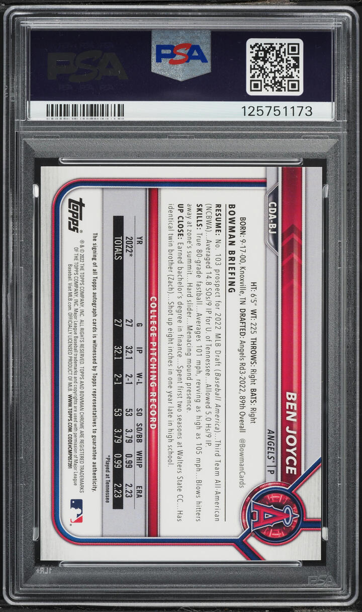 2022 Bowman Chrome Draft Black Refractor Ben Joyce PROSPECT AUTO /75 PSA 10 GEM MINT