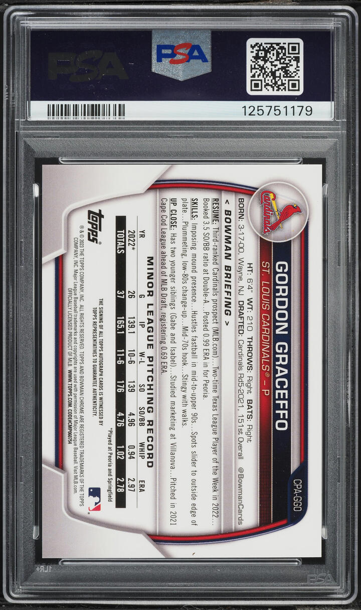 2023 Bowman Chrome Gold Shimmer Gordon Graceffo PROSPECT AUTO /50 #CPAGGO PSA 10 GEM MINT