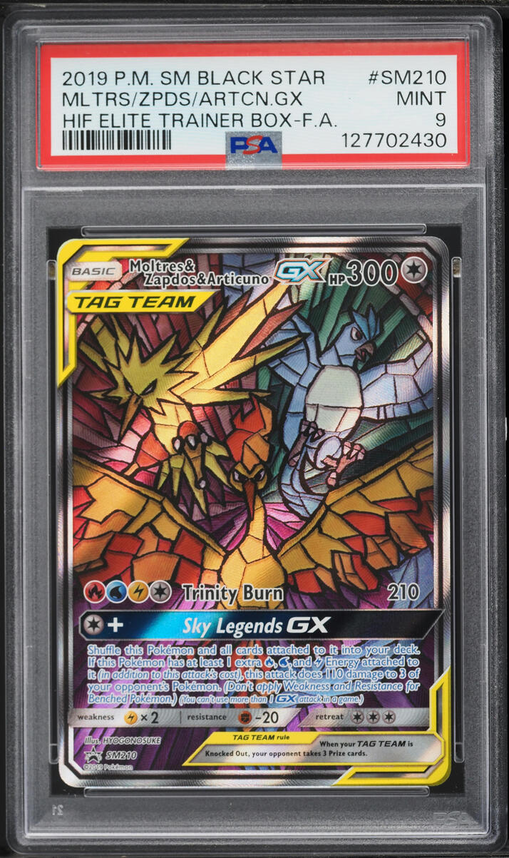 2016 Pokemon SM Promo Hidden Fates ETB Tag Team GX Alt Art Moltres Zapdos Articuno GX PSA 9