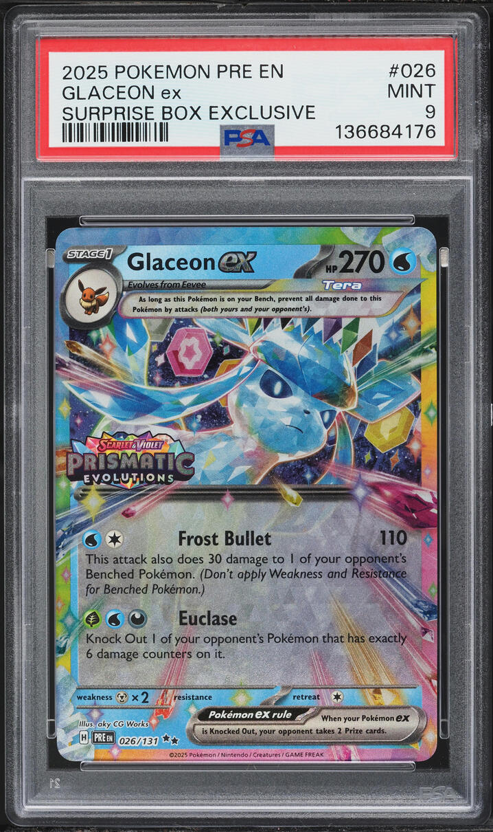 2025 Pokemon Scarlet & Violet Prismatic Evolutions Surprise Box Holo Glaceon ex #26 PSA 9 MINT
