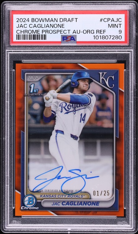 2024 Bowman Chrome Draft Orange Refractor Jac Caglianone PROSPECT AUTO 1/25 #CPA-JC PSA 9 MINT