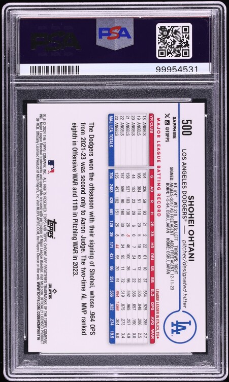 2024 Topps Chrome Sapphire Black Shohei Ohtani SP 1/10 #500 PSA 9 MINT
