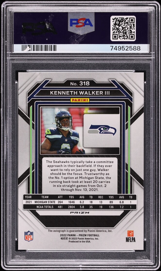 2022 Panini Prizm Kenneth Walker III ROOKIE AUTO #318 PSA 9 MINT
