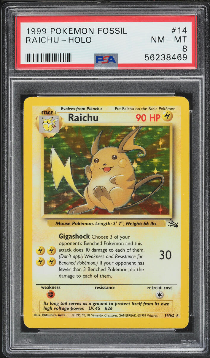 1999 Pokemon Fossil Holo Raichu #14 PSA 8 NM-MT