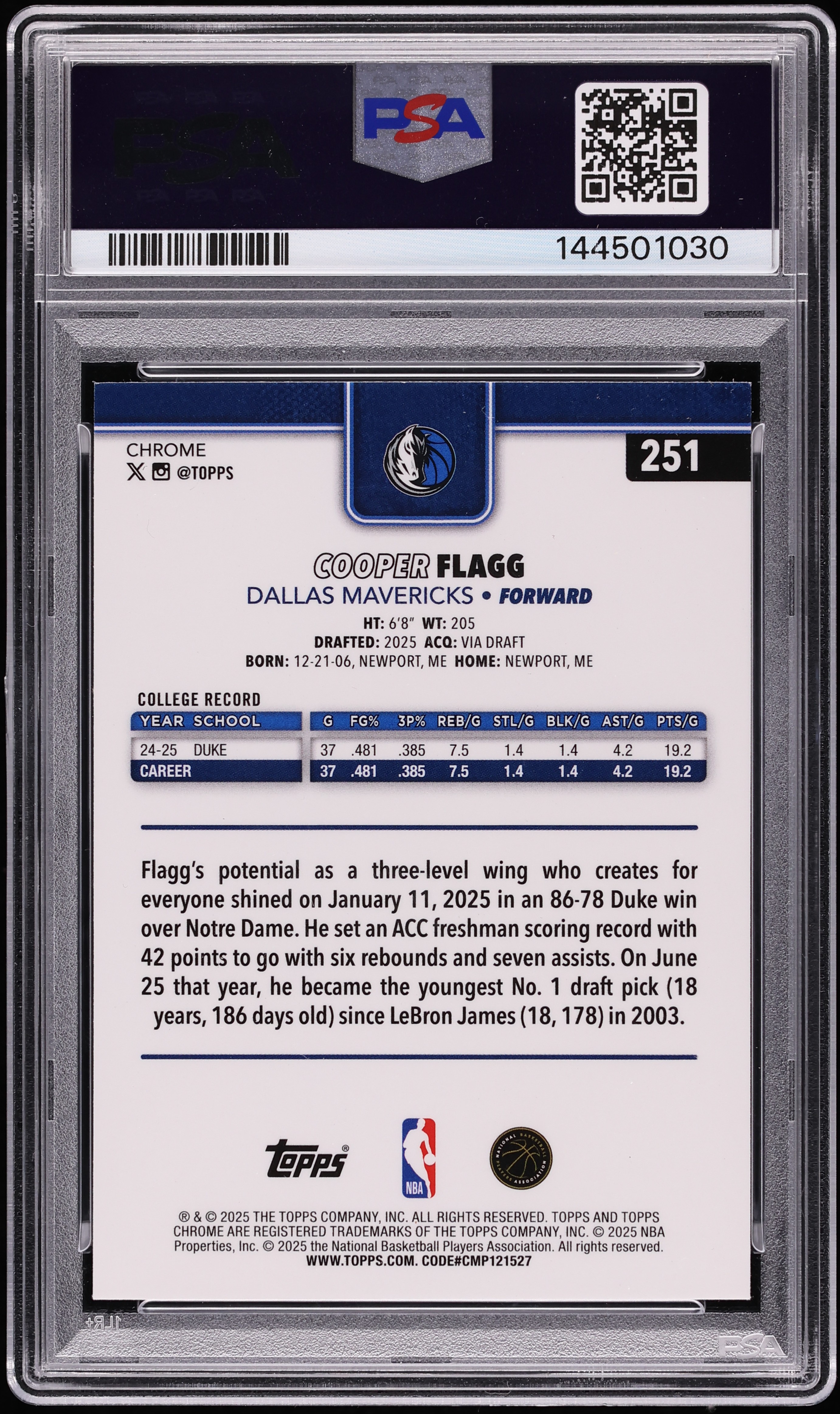 2025 Topps Chrome Blue Refractor Cooper Flagg ROOKIE /150 #251 PSA 