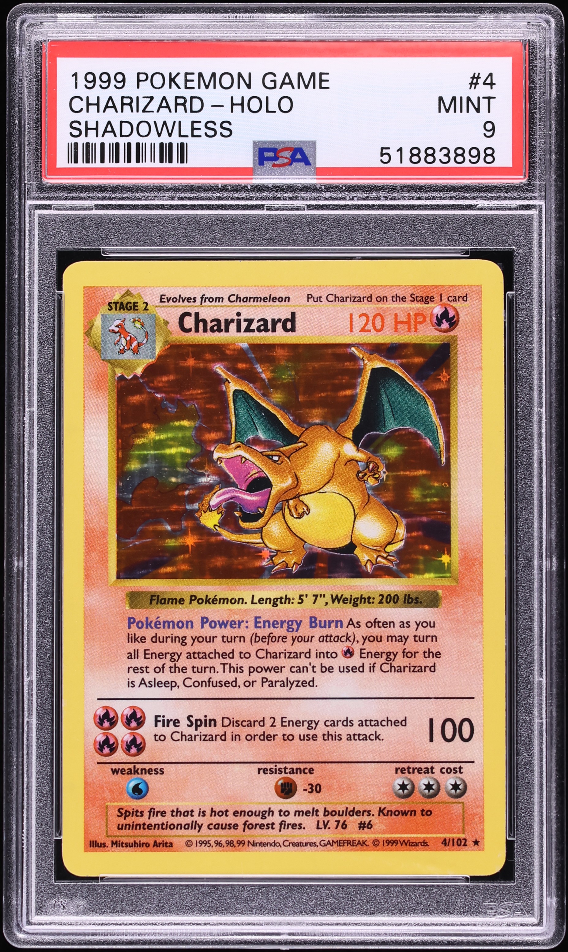 1999 Pokemon Base Set Shadowless Holo Charizard #4 PSA 9 MINT on