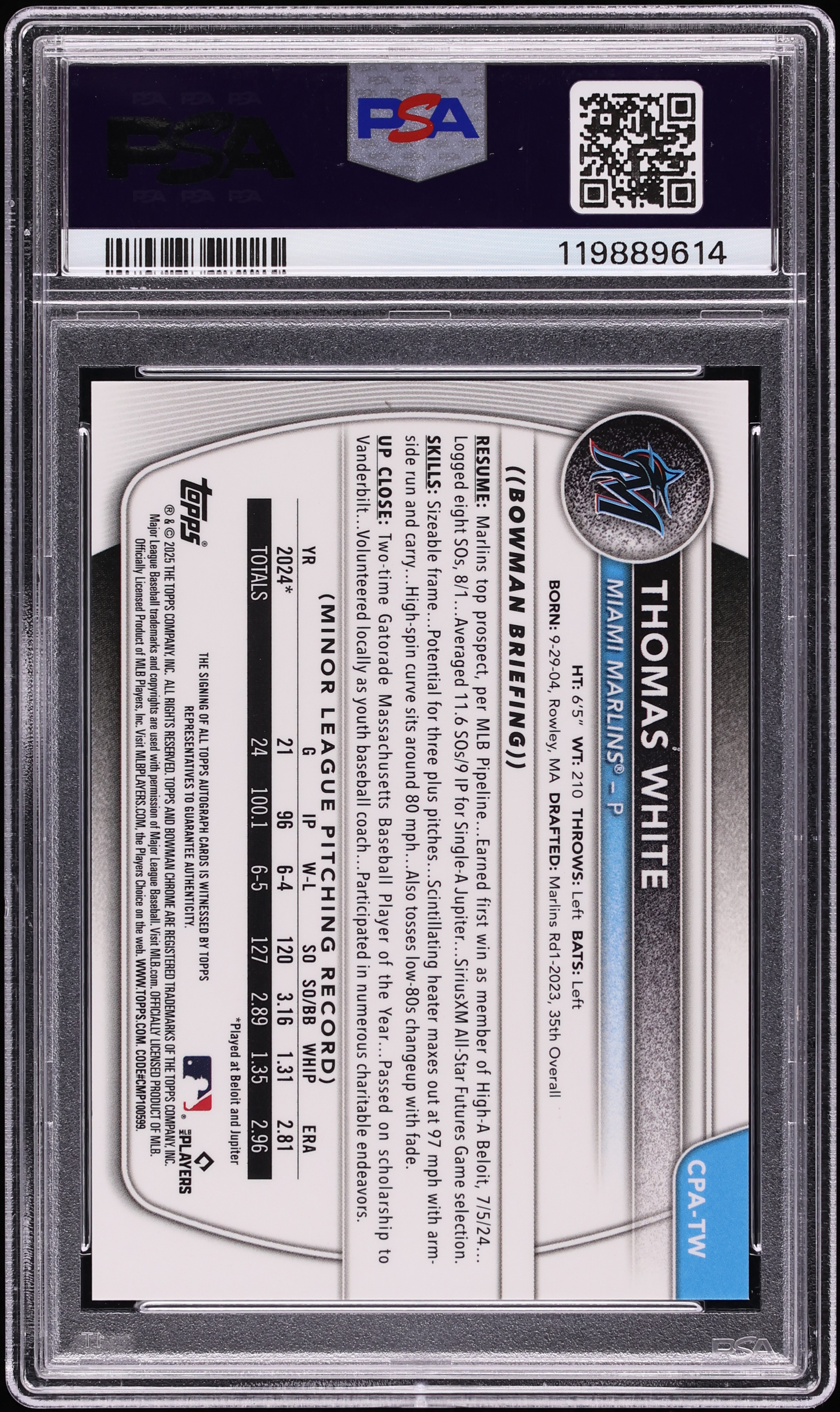 2025 Bowman Chrome Thomas White PROSPECT AUTO #CPA-TW PSA 10 GEM 
