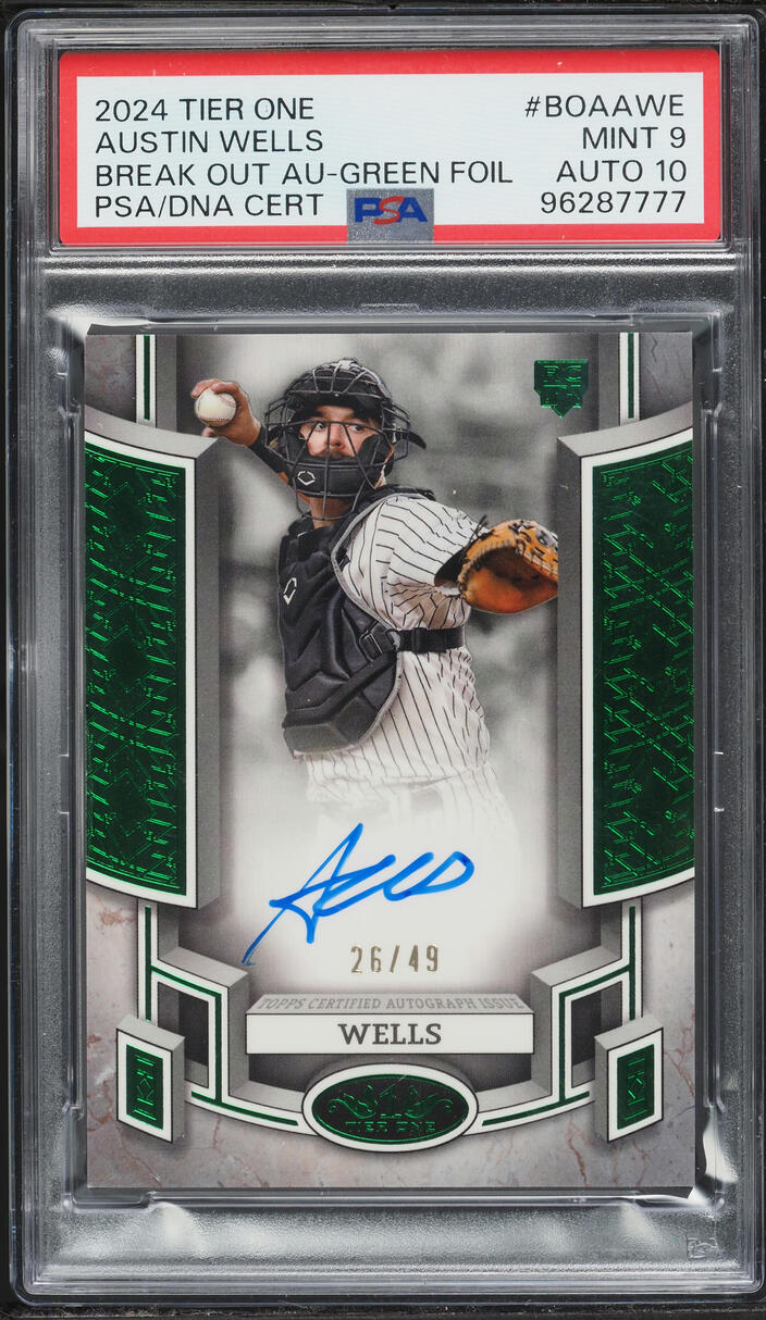 2024 Topps Tier One Break Out Green Foil Austin Wells ROOKIE AUTO DNA 10 /49 #BOAAWE PSA 9 MINT