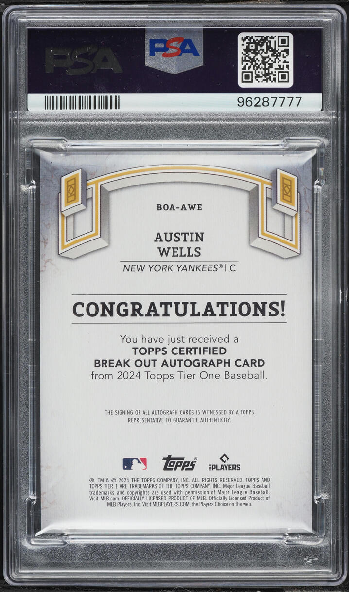 2024 Topps Tier One Break Out Green Foil Austin Wells ROOKIE AUTO DNA 10 /49 #BOAAWE PSA 9 MINT