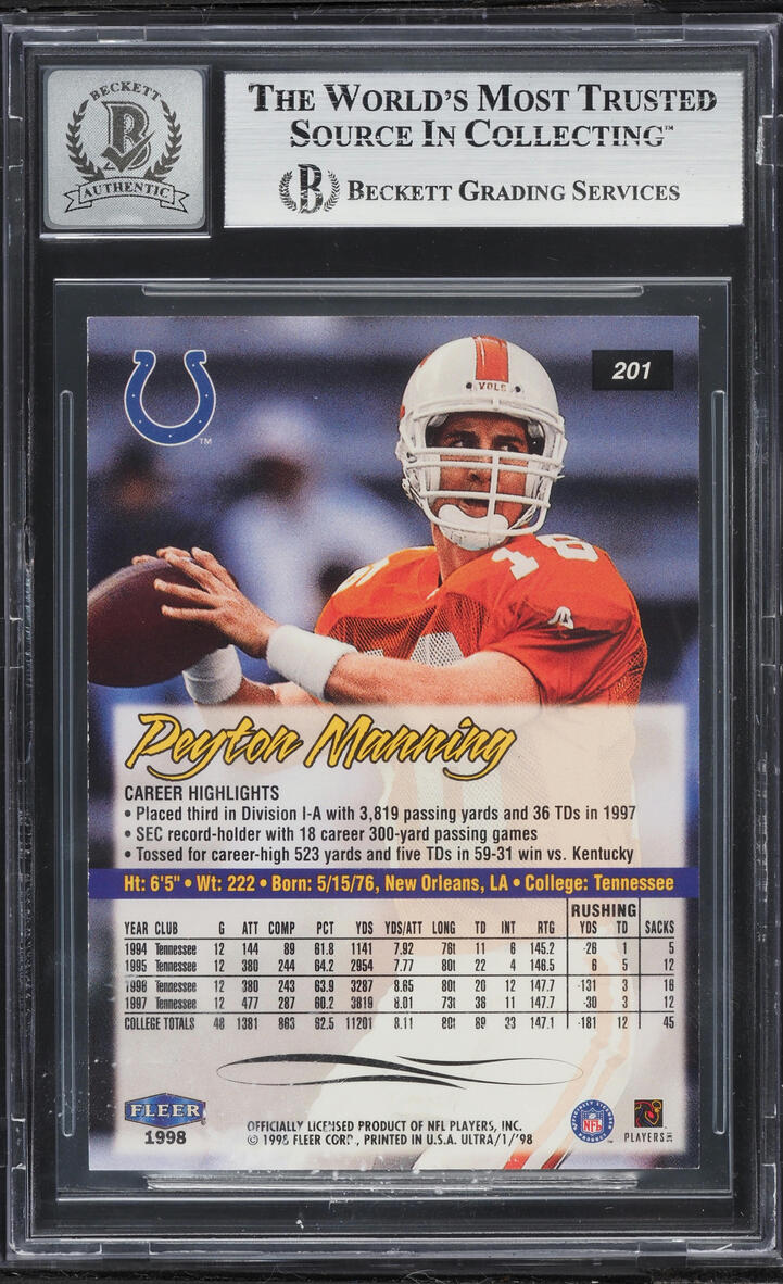 1998 Ultra Football Peyton Manning ROOKIE AUTO #201 BGS AUTH
