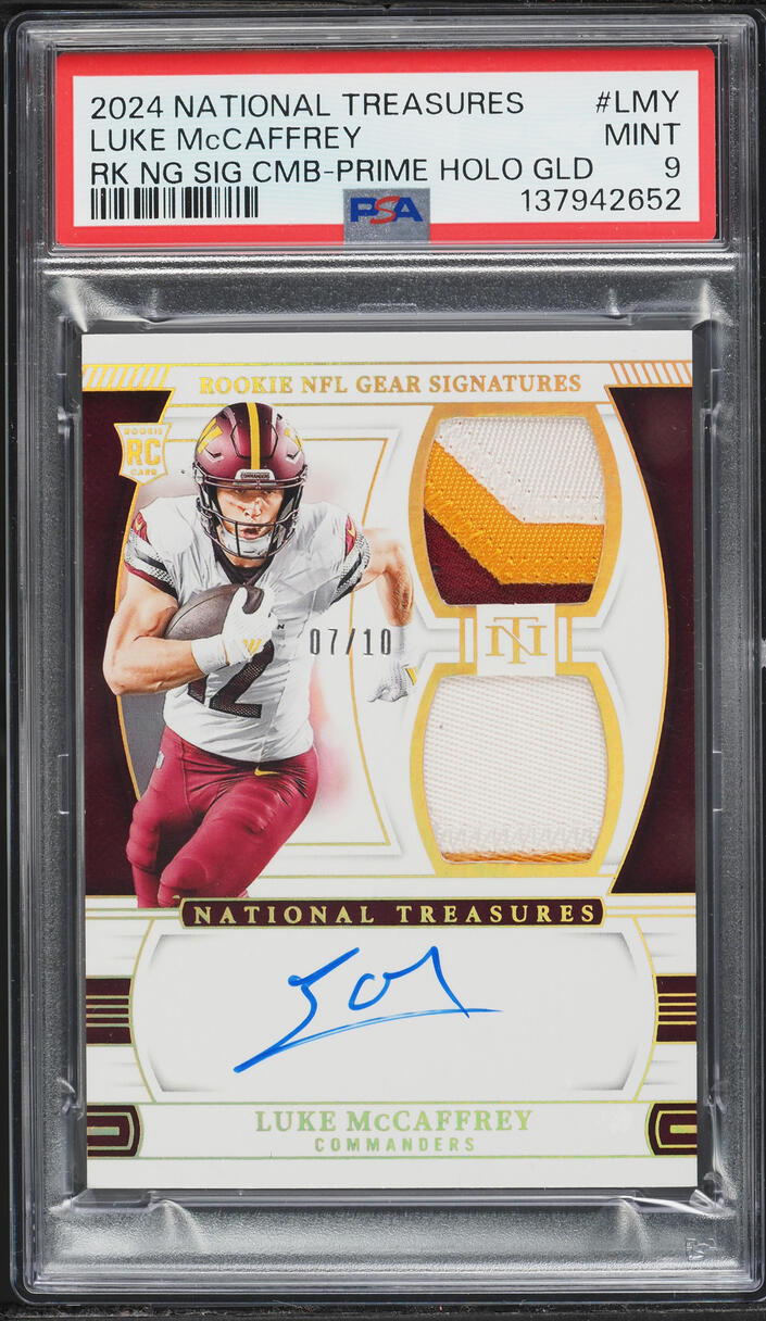 2024 National Treasures NFL Gear Combos Prime Holo Gold Luke McCaffrey RC PATCH AUTO /10 PSA 9