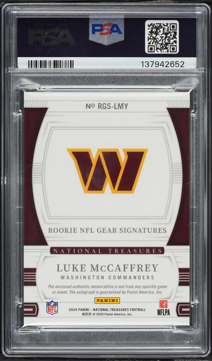 2024 National Treasures NFL Gear Combos Prime Holo Gold Luke McCaffrey RC PATCH AUTO /10 PSA 9