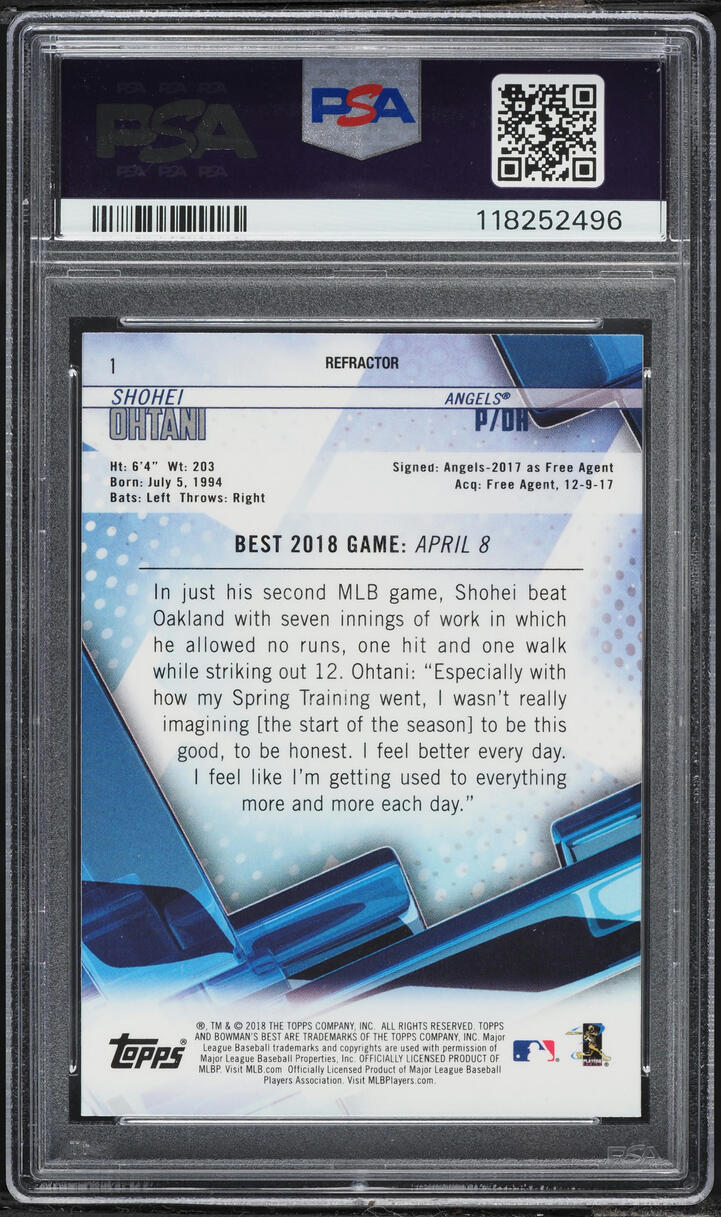2018 Bowman's Best Refractor Shohei Ohtani ROOKIE #1 PSA 10 GEM MINT