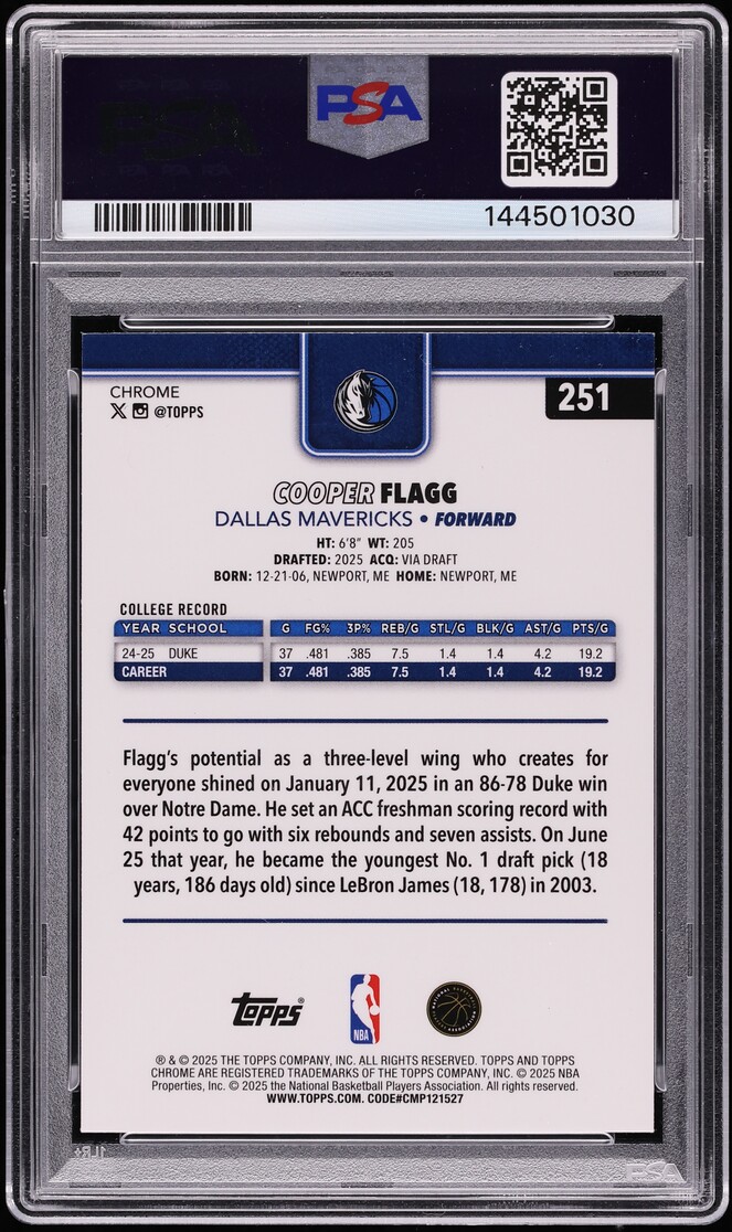 2025 Topps Chrome Blue Refractor Cooper Flagg ROOKIE /150 #251 PSA 9 MINT