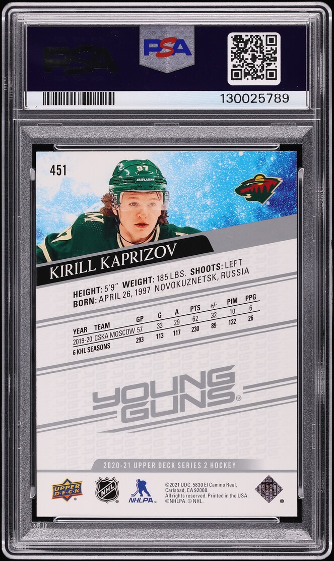 2020 Upper Deck Young Guns Kirill Kaprizov ROOKIE #451 PSA 10 GEM MINT