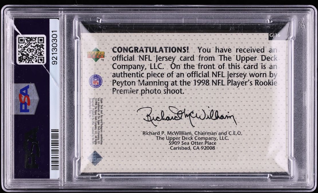 1998 Upper Deck Game Jersey Peyton Manning ROOKIE PATCH #GJ16 PSA 9 MINT