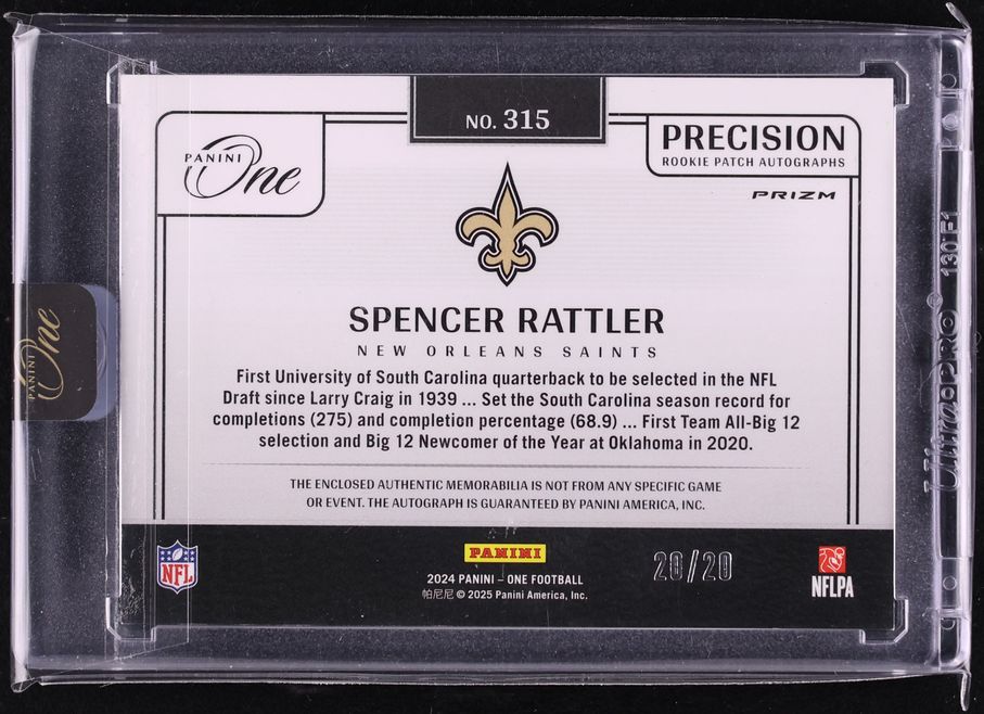 2024 Panini One Precision Orange Prizm Spencer Rattler ROOKIE PATCH AUTO 20/20 #315