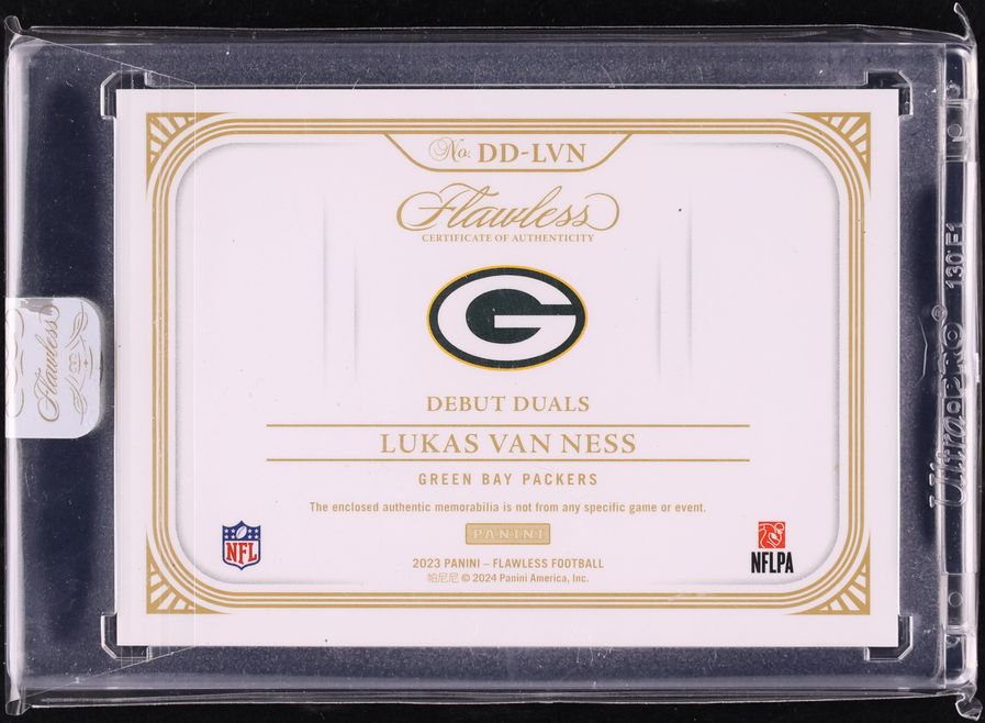2023 Panini Flawless Debut Duals Brand Logo Lukas Van Ness ROOKIE NIKE LOGO PATCH 1/1 #DD-LVN
