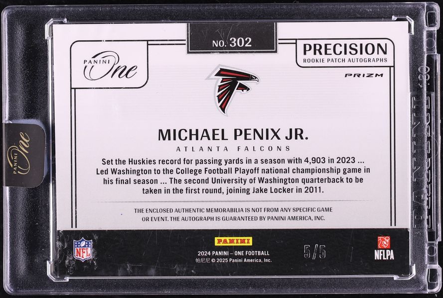 2024 Panini One Precision Platinum Michael Penix Jr. ROOKIE TAG PATCH AUTO 5/5 #302