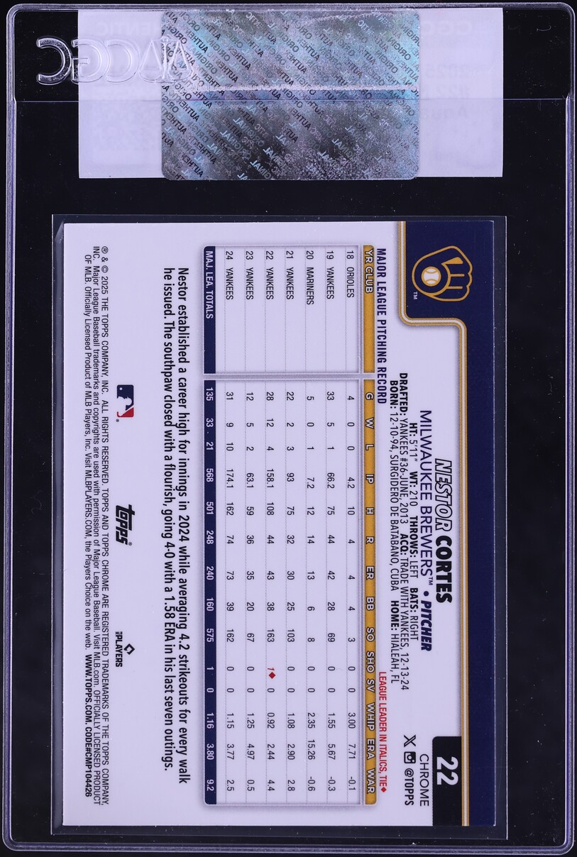 2025 Topps Chrome Aqua Refractor Nestor Cortes /199 #22 CGC AUTH