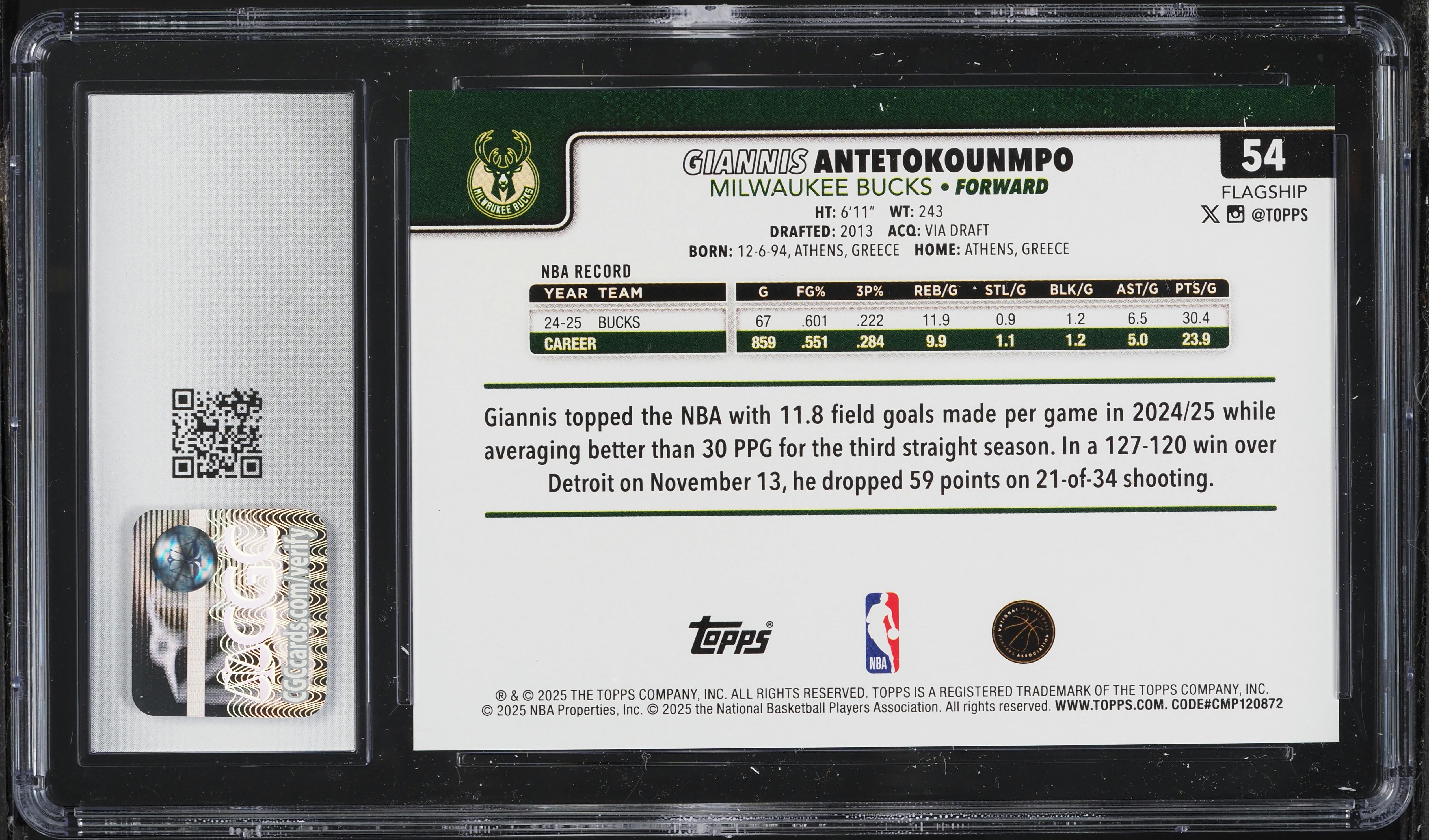 2025 Topps Gold Holo Foil Giannis Antetokounmpo /50 #54 CGC 10 GEM