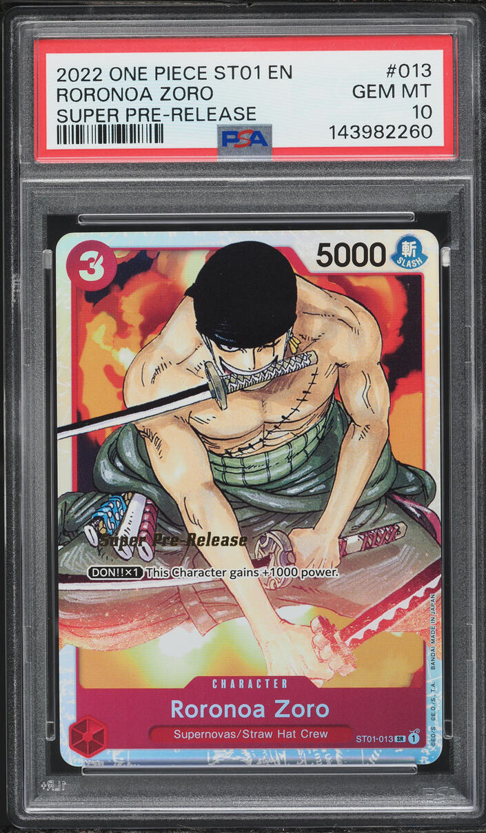 2022 One Piece Straw Hat Crew Super Pre-Release SR Roronoa Zoro #ST01-013 PSA 10 GEM MINT