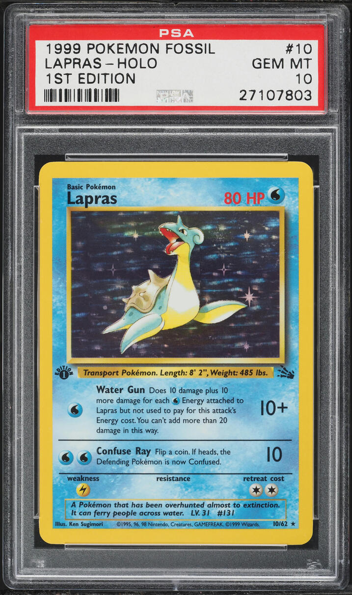 1995 lapras pokemon card value 1999 Pokemon Fossil Lapras 1st Edition Holo #10 PSA 10