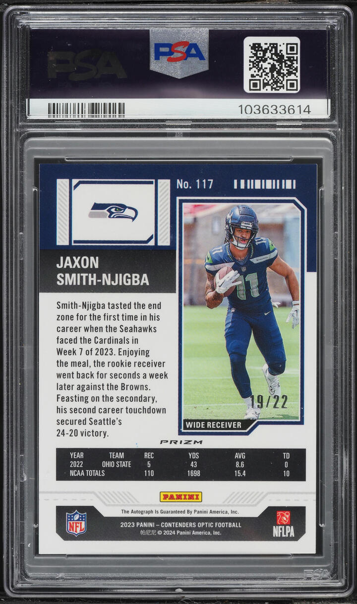 2023 Panini Contenders Optic Cracked Ice Jaxon Smith-Njigba ROOKIE AUTO /22 #117 PSA 9 MINT