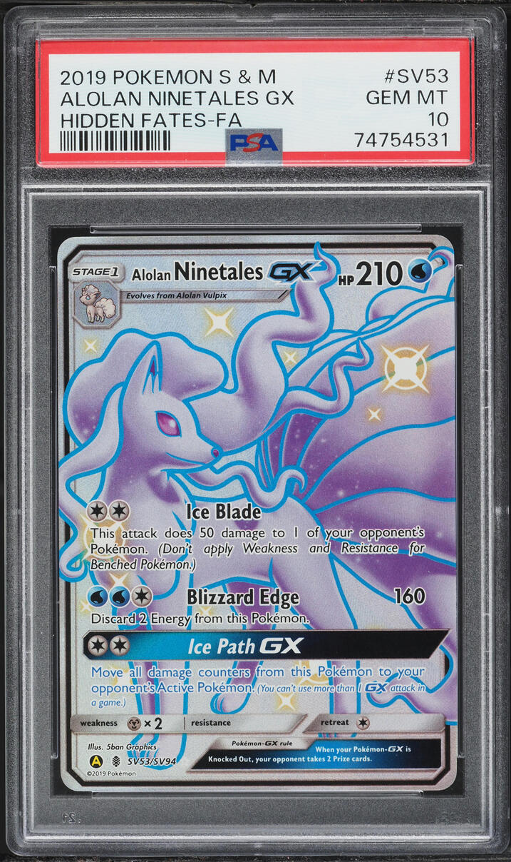 2019 Pokemon Sun & Moon Hidden Fates Full Art Alolan Ninetales GX #SV53 PSA 10 GEM MINT