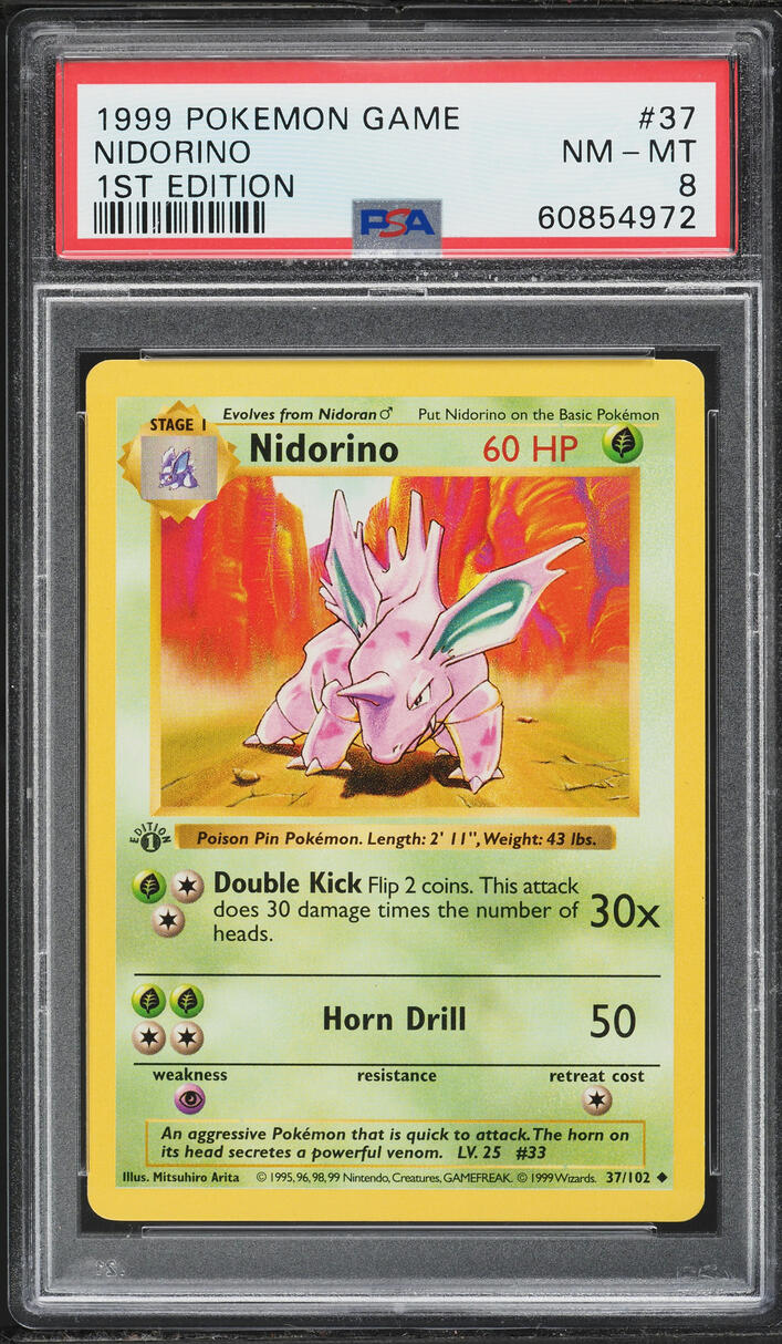 1999 Pokemon Base Set Shadowless 1st Edition Nidorino #37 PSA 8 NM-MT