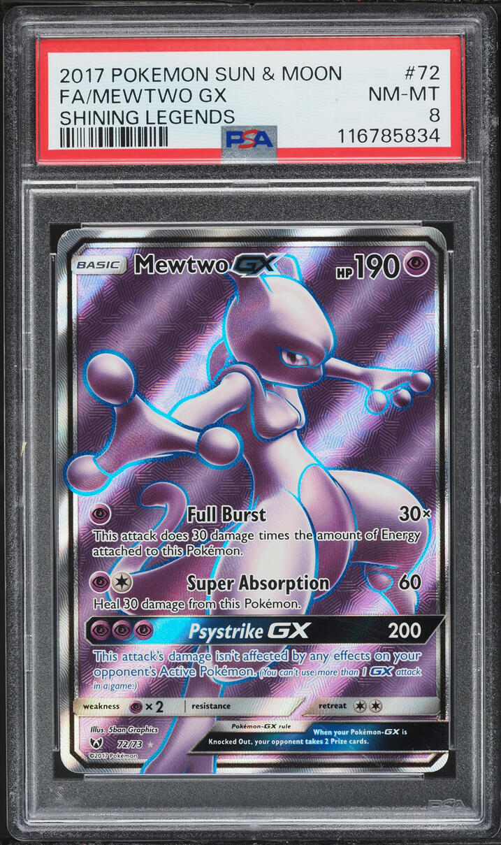 2017 Pokemon Sun & Moon Shining Legends Full Art Mewtwo GX #72 PSA 8 NM-MT