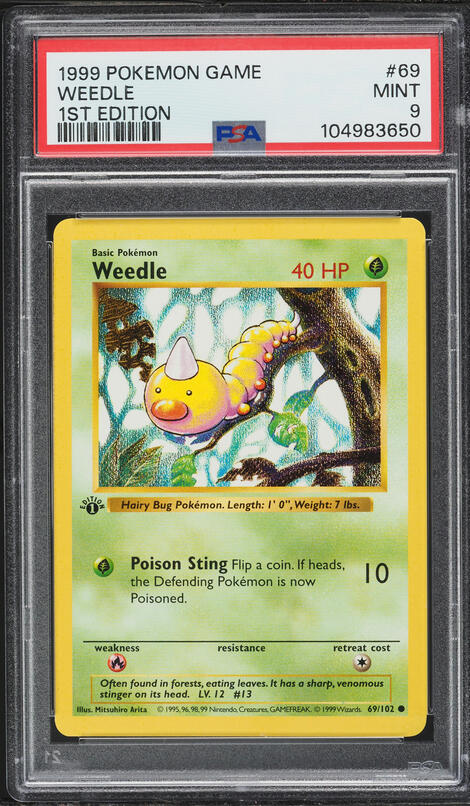 1999 Pokemon Base Set Shadowless 1st Edition Weedle #69 PSA 9 MINT