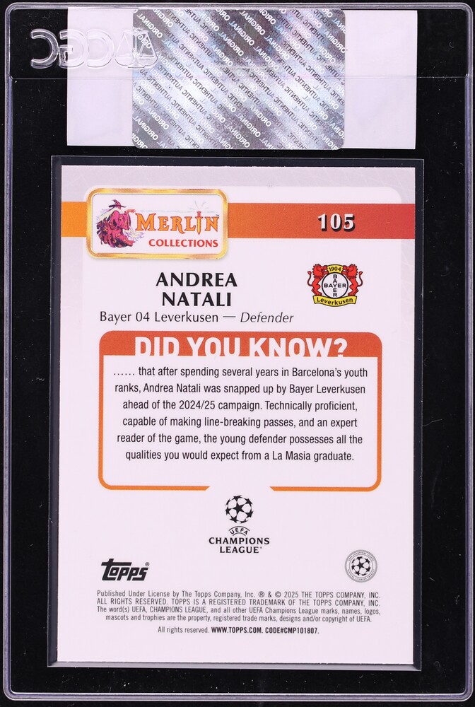 2024 Topps Merlin UEFA Club Competitions Vintage Refractor Andrea Natali ROOKIE #105 CGC AUTH