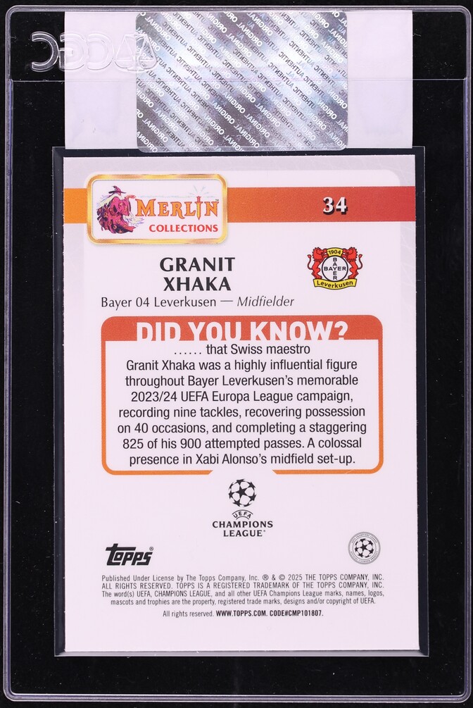 2024 Topps Merlin UEFA Club Competitions Atomic Refractor Granit Xhaka #34 CGC AUTH