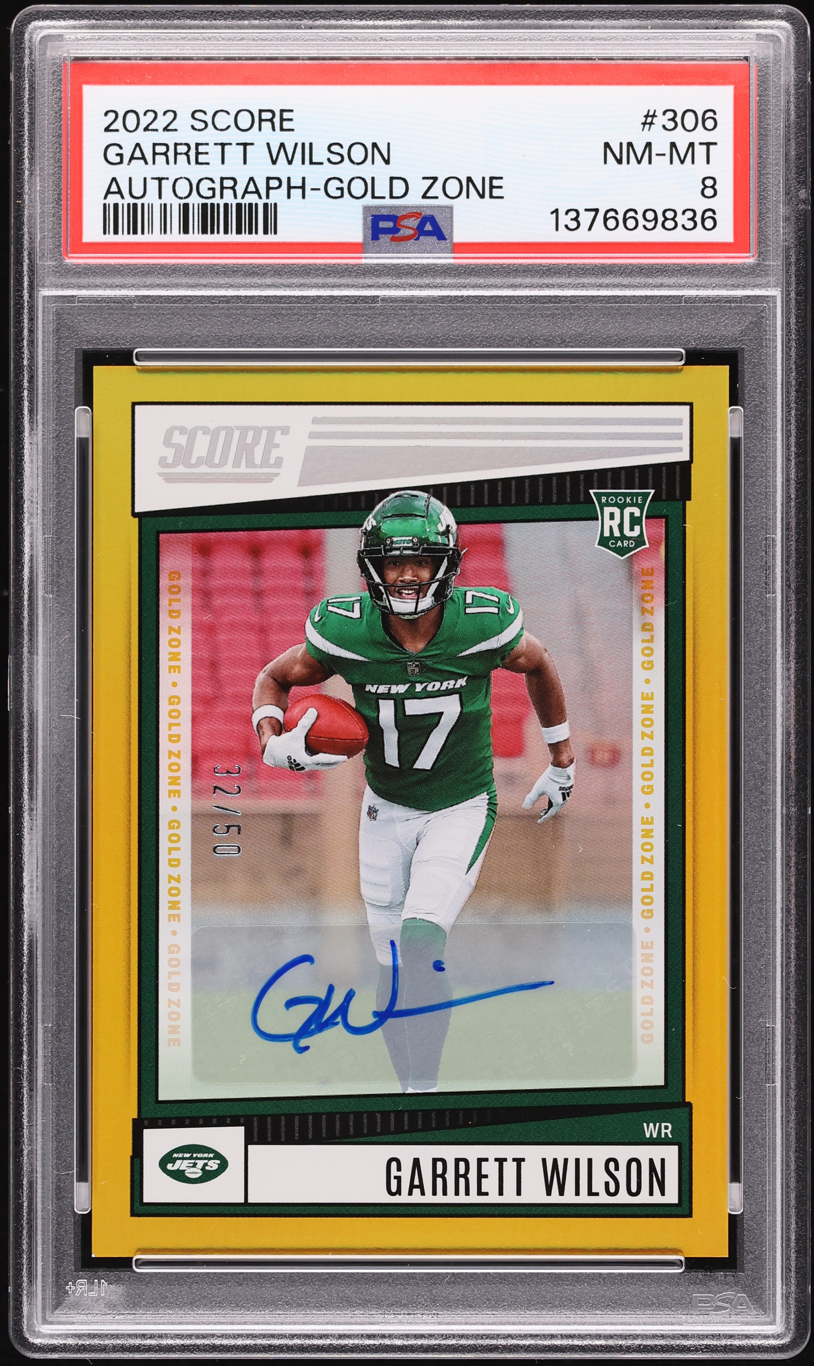 2022 Score Football Gold Zone Garrett Wilson ROOKIE AUTO /50 #306