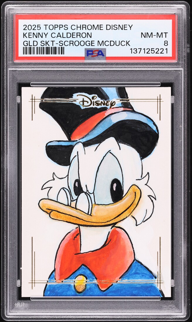 2025 Topps Chrome Disney Sketch Cards Gold Scrooge McDuck Kenny Calderon AUTO 1/1 PSA 8 NM-MT