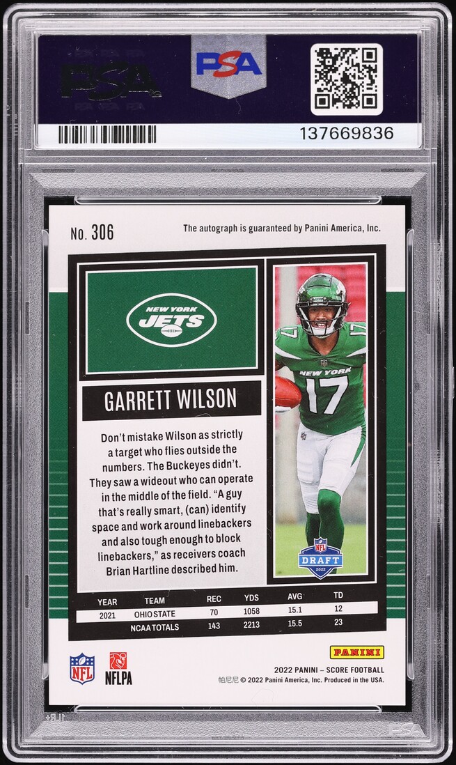 2022 Score Football Gold Zone Garrett Wilson ROOKIE AUTO /50 #306