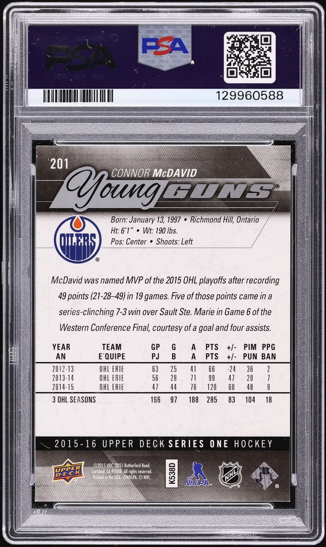 2015 Upper Deck Young Guns Connor McDavid ROOKIE #201 PSA 8 NM-MT