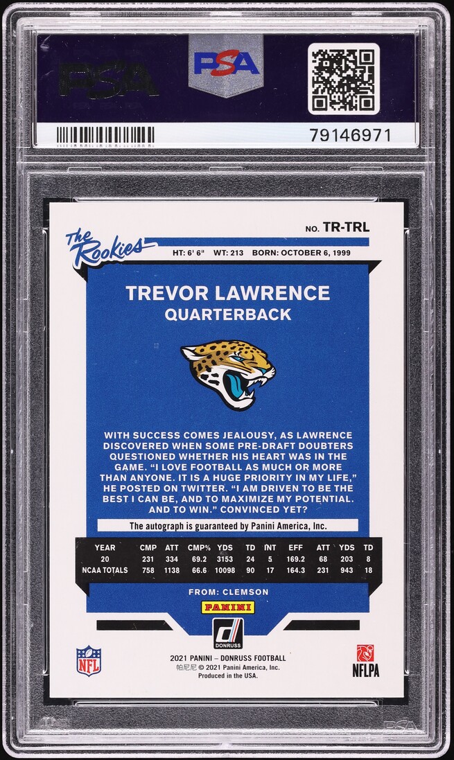 2021 Donruss Football Trevor Lawrence ROOKIE AUTO /299 #TR-TRL PSA 10 GEM MINT