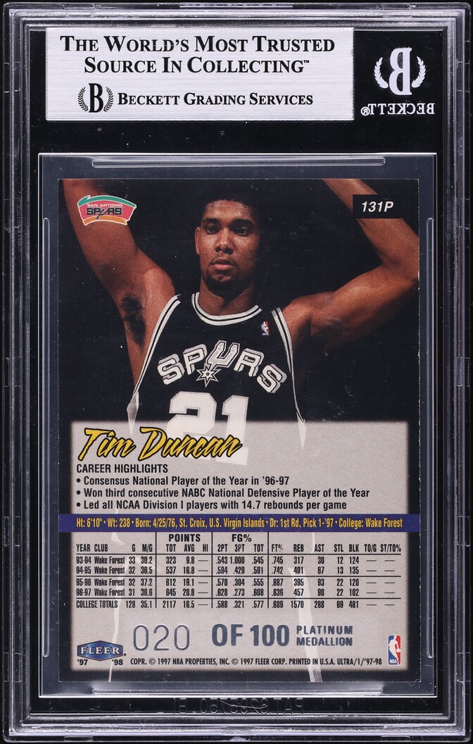 1997 Ultra Platinum Medallion Tim Duncan ROOKIE /100 #131P BGS 8.5 NM-MT+