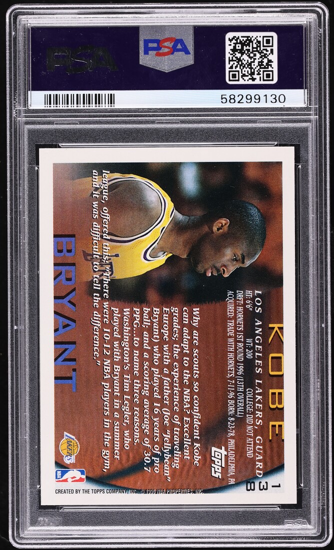 1996 Topps NBA 50th Kobe Bryant ROOKIE #138 PSA 10 GEM MINT