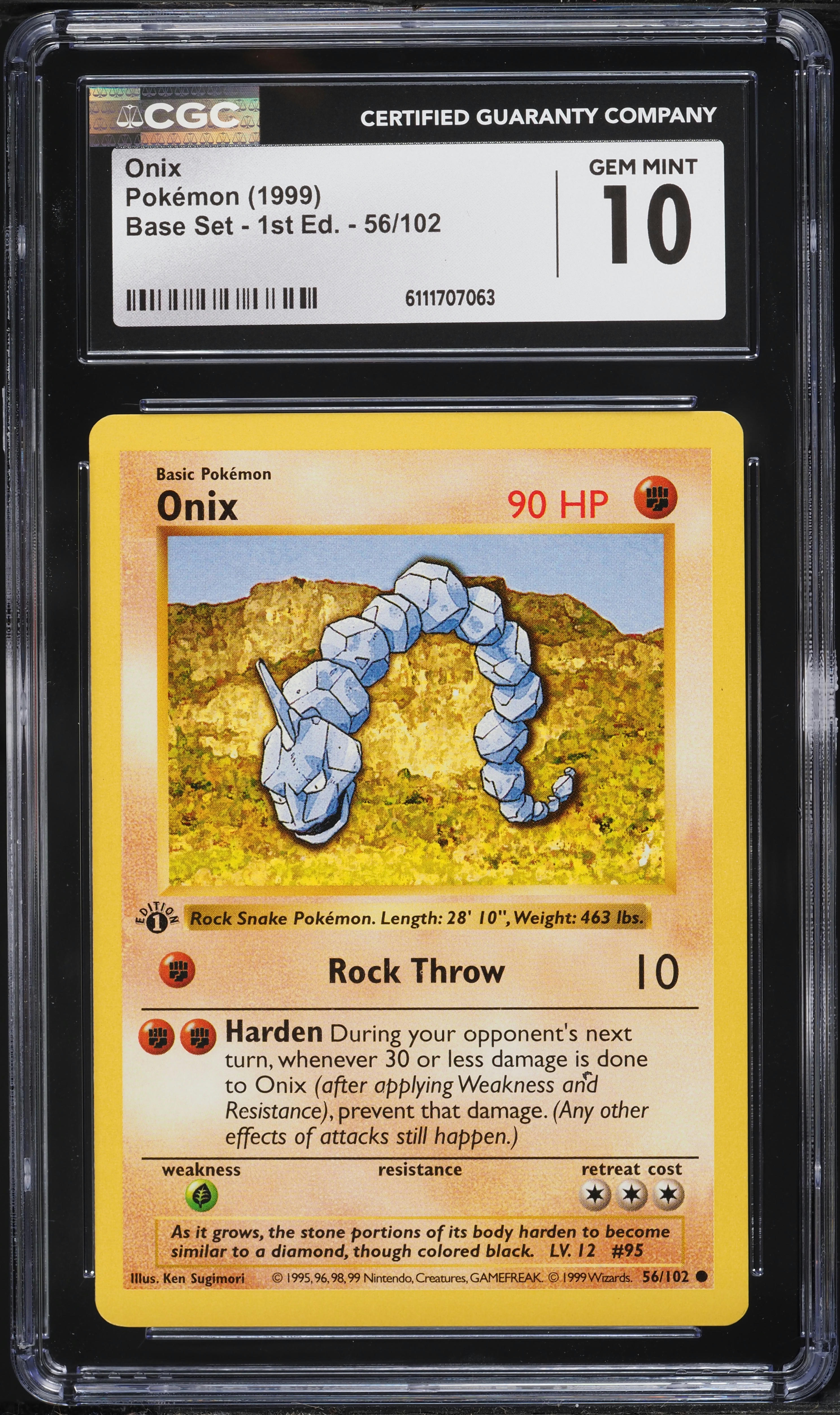 1999 Pokemon Base Set Shadowless 1st Edition Onix #56 CGC 10 GEM MINT