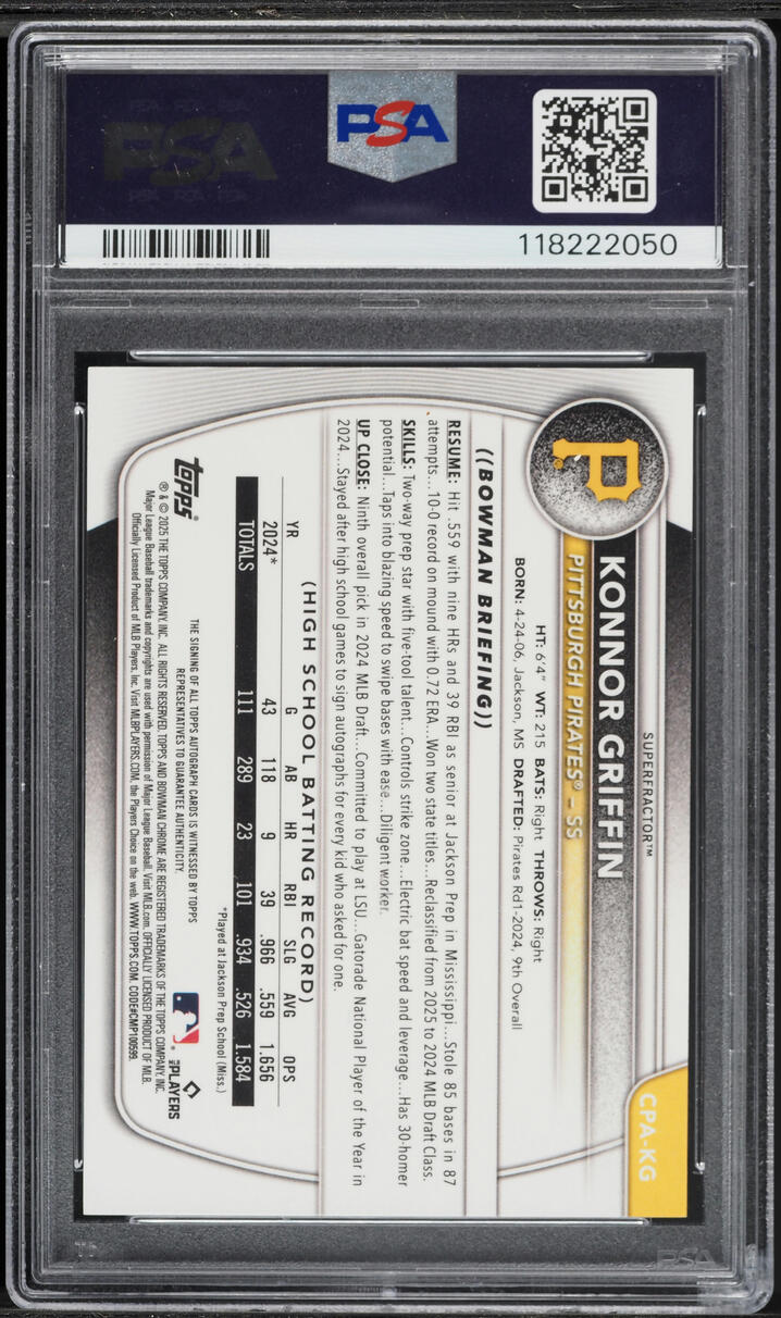 2025 Bowman Chrome Superfractor Konnor Griffin PROSPECT AUTO DNA 10 1/1 #CPAKG PSA 9 MINT