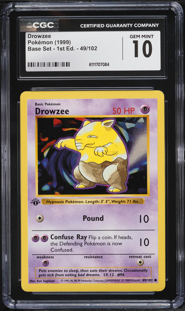 1999 Pokemon Base Set Shadowless 1st Edition Drowzee #49 CGC 10 GEM MINT
