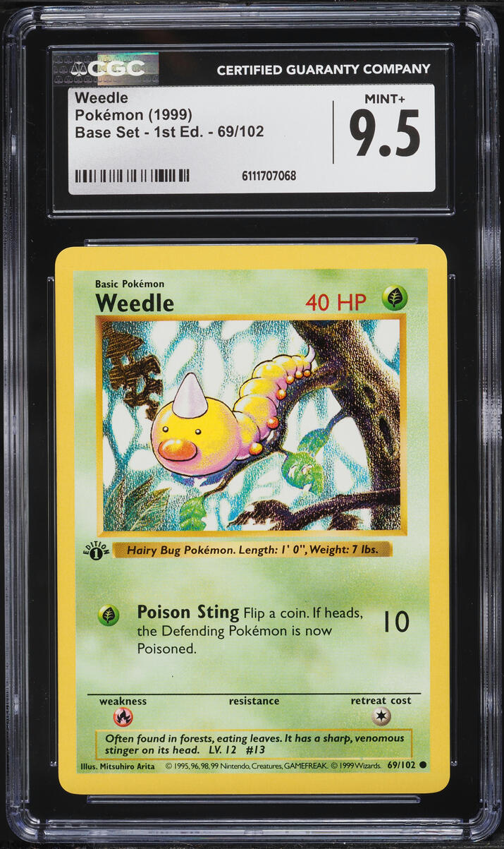 1999 Pokemon Base Set Shadowless 1st Edition Weedle #69 CGC 9.5 MINT+