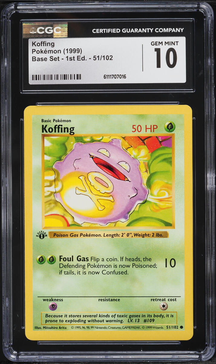 1999 Pokemon Base Set Shadowless 1st Edition Koffing #51 CGC 10 GEM MINT