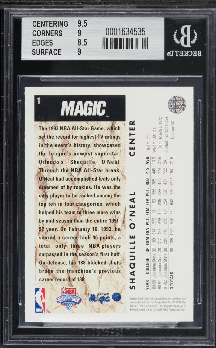 1992 Upper Deck Basketball Shaquille O'Neal ROOKIE #1 BGS 9 MINT