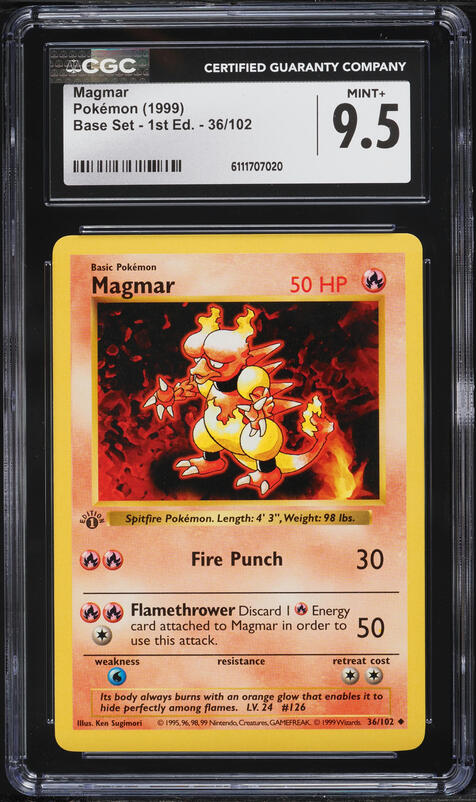 1999 Pokemon Base Set Shadowless 1st Edition Magmar #36 CGC 9.5 MINT+
